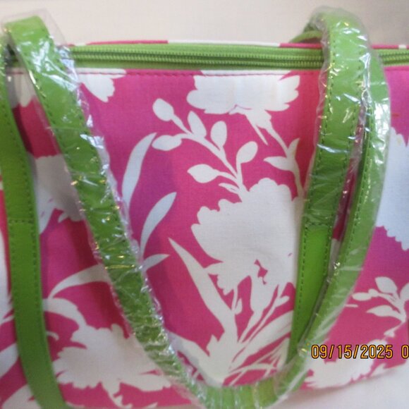 PUTU BY J MACLEAR PINK WHITE FLORAL & GREEN STAPS & LINING BAG~ - Picture 3 of 12